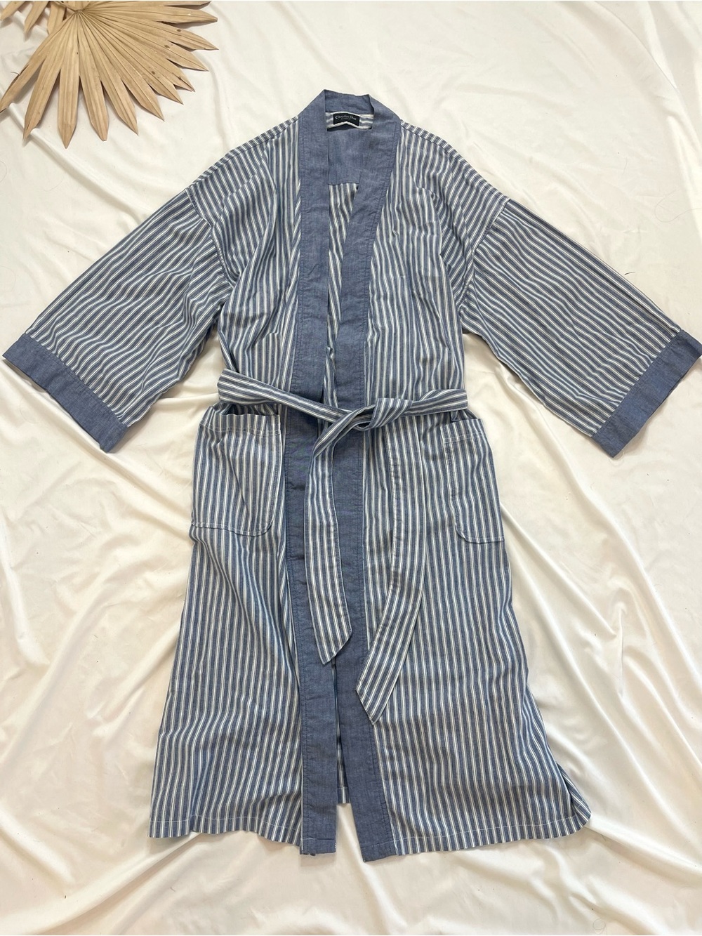 Vintage Christian Dior Blue White Striped Cotton Bathrobe Lounge Pajamas Robe